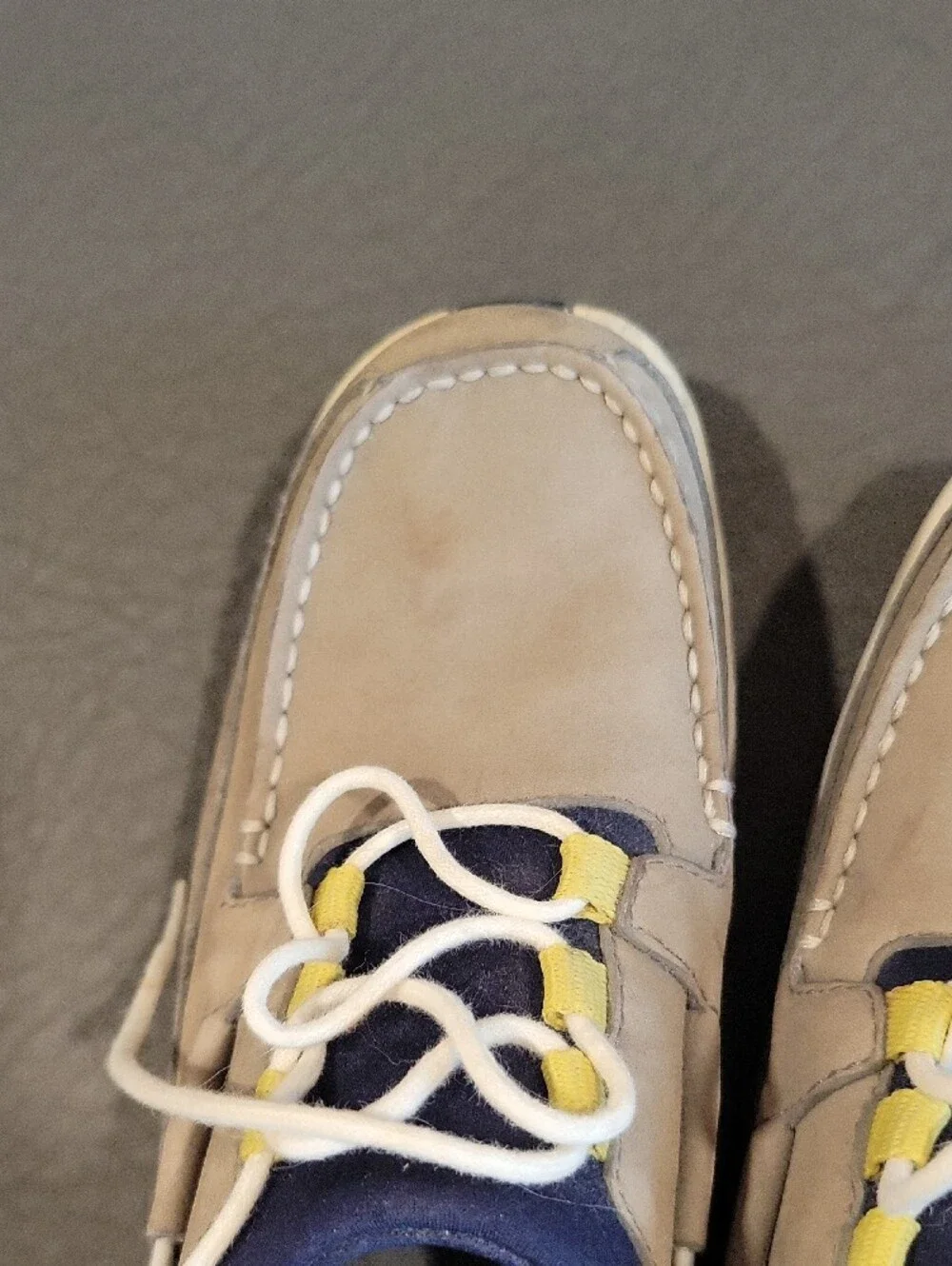 Cole Haan Beige Boat Shoes with Navy and Yellow Accents